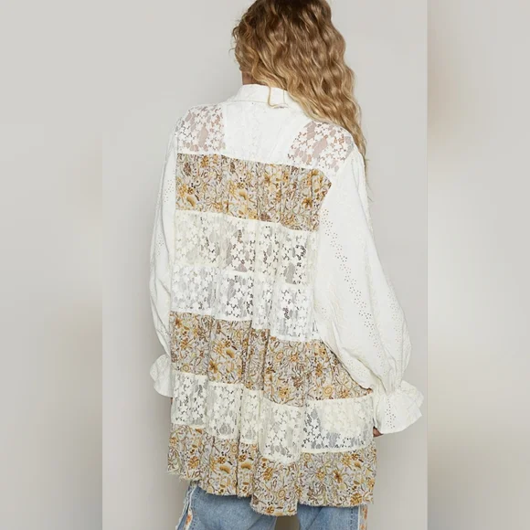 🌞#498 POL Balloon Sleeve Floral Print Lace Patch Shirt - Picture 4 of 5